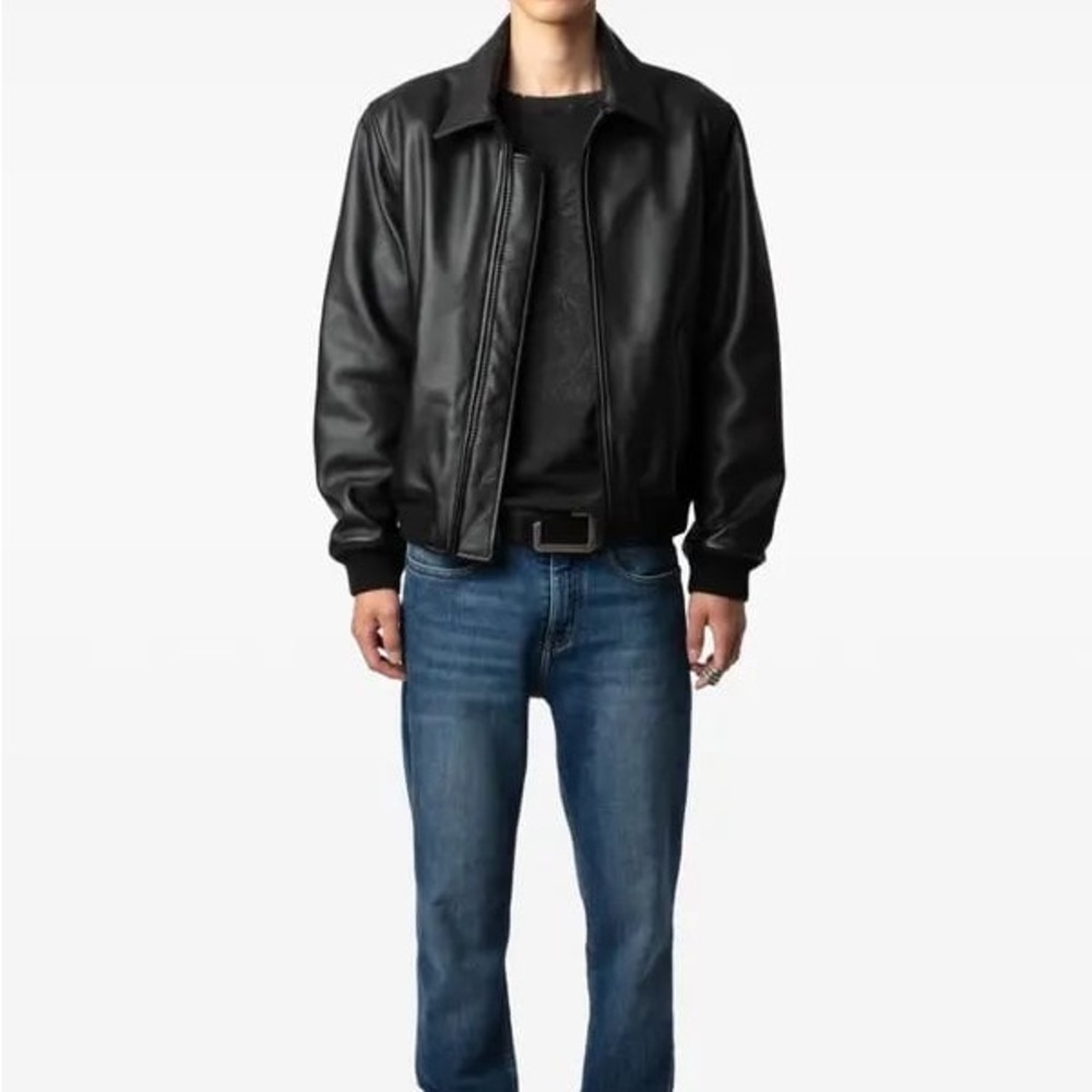 NWT Zadig & Voltaire Black Mate Padded Grained Leather Biker Jacket